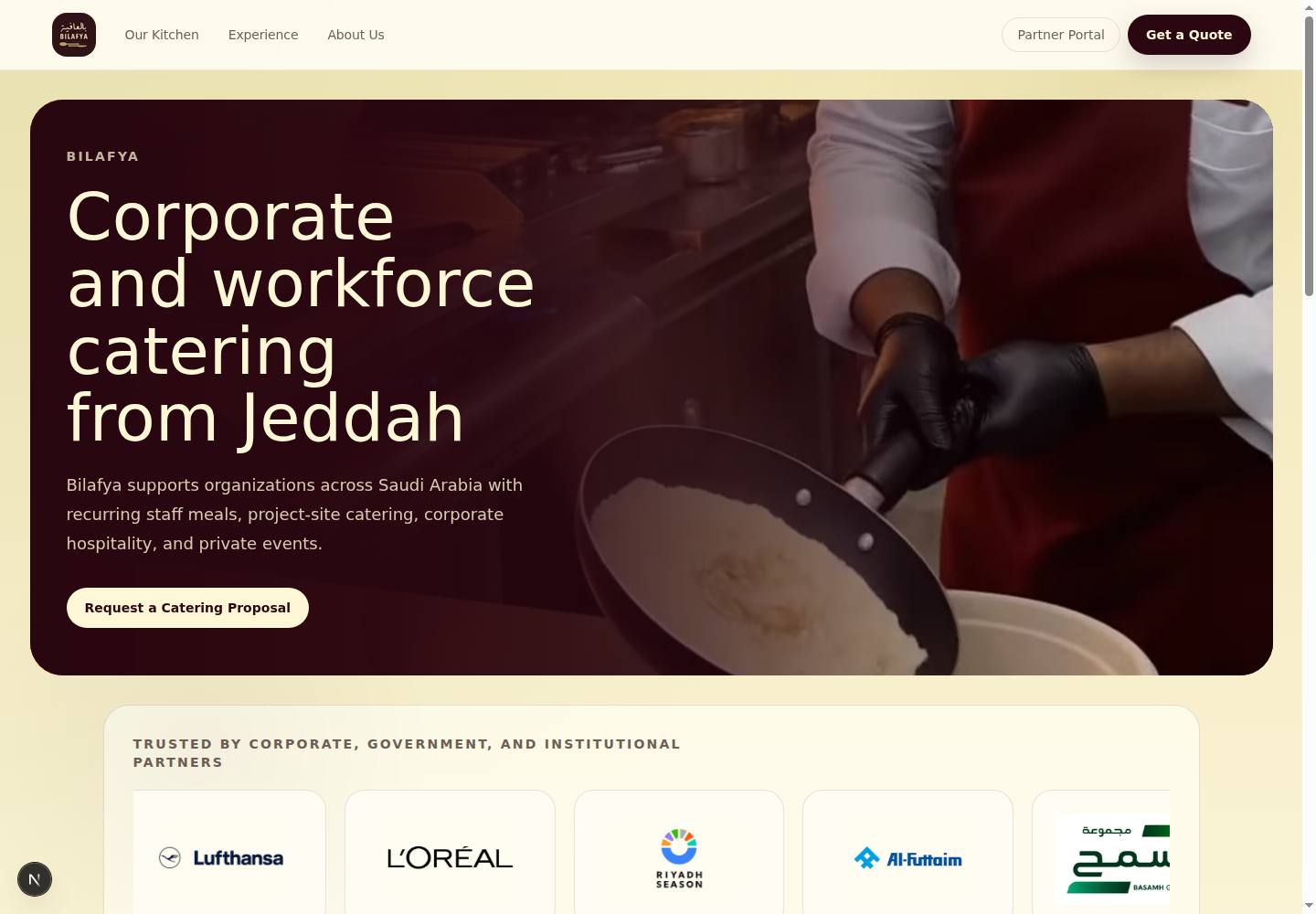 Bilafya catering website homepage with a clear catering proposal call to action.