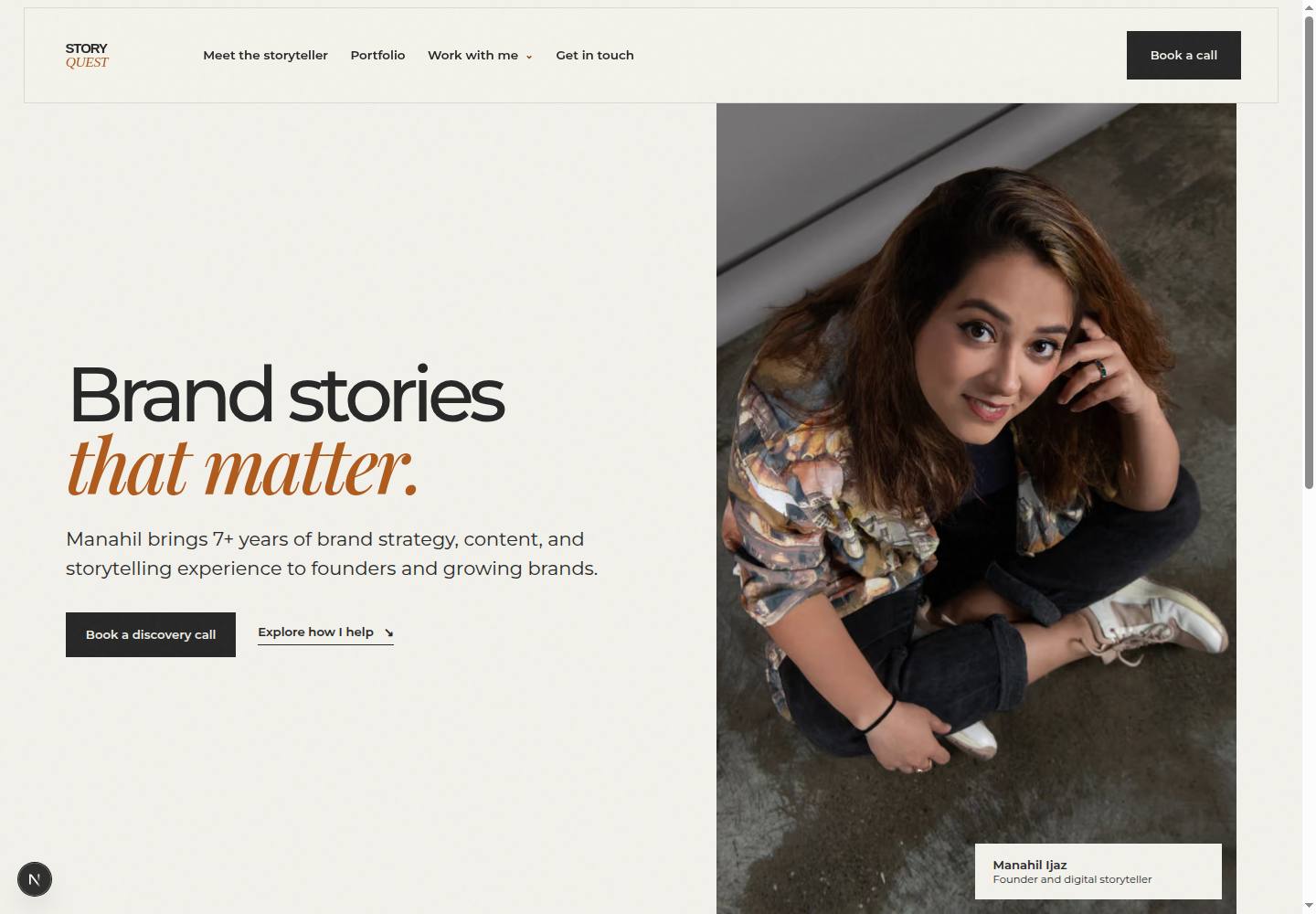 StoryQuest homepage presenting the founder, the offer and a prominent Book a call action.